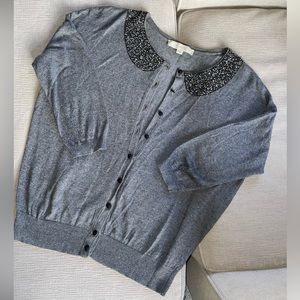 Loft Black Button Up Charcoal Gray 3/4 Sleeve Beaded Collar Cardigan Size S
